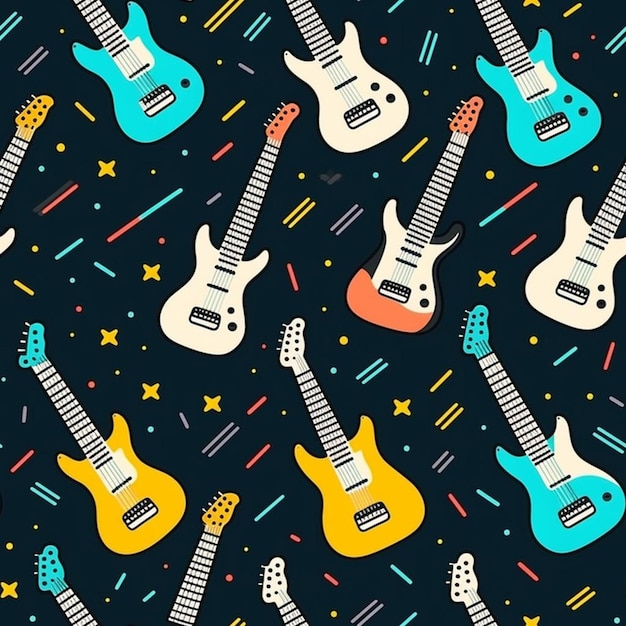 Um conjunto colorido de guitarras elétricas sobre um fundo preto.
