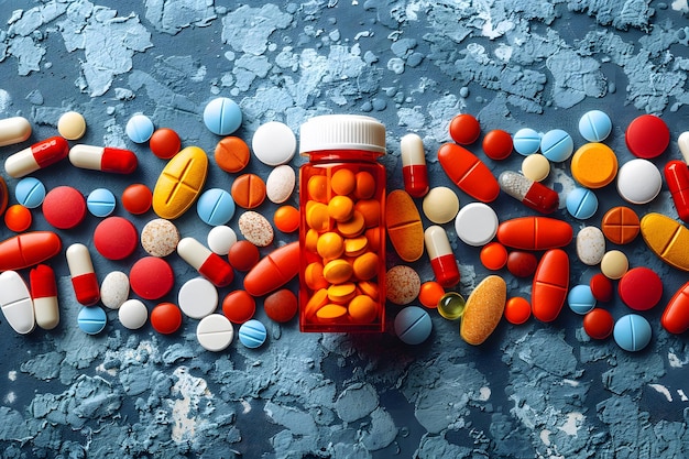 Foto um conjunto colorido de pílulas e vitaminas prescritas em uma superfície de textura azul