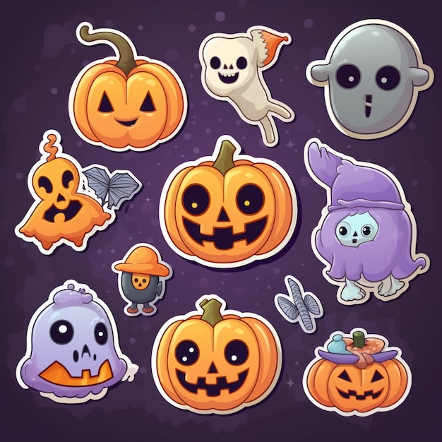 Um conjunto de adesivos de Halloween com diferentes rostos e decorações generativas ai