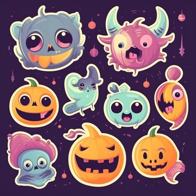 Um conjunto de adesivos de Halloween com monstros bonitos e abóboras generativas ai