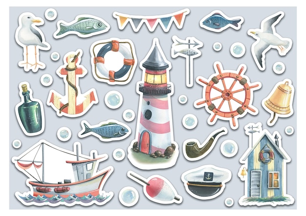 Um conjunto de adesivos de tema marinho Com vários elementos de um barco uma casa de pescador um farol um volante uma âncora gaivotas uma bóia salva-vidas bolhas de peixe Ilustração em aquarela