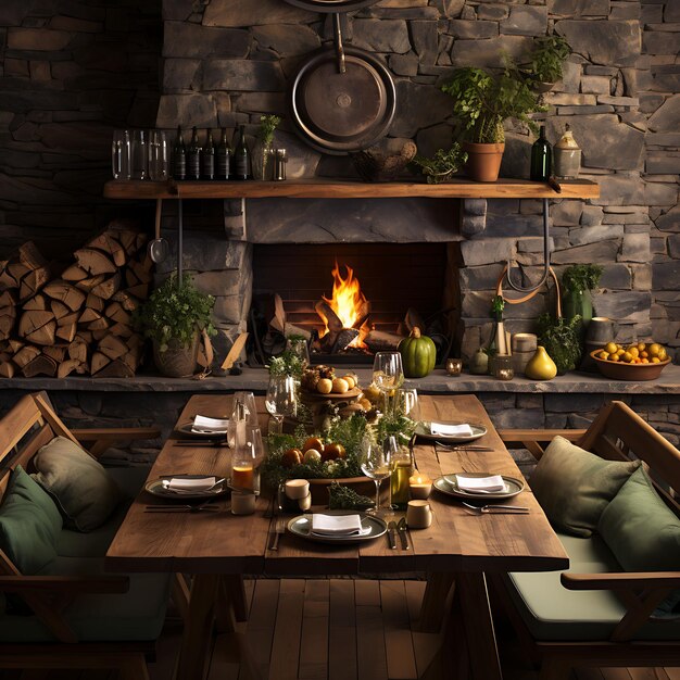 Um conjunto de andorran mountain bistro setup stone fireplace rustic wood t background ideas de decoração arte