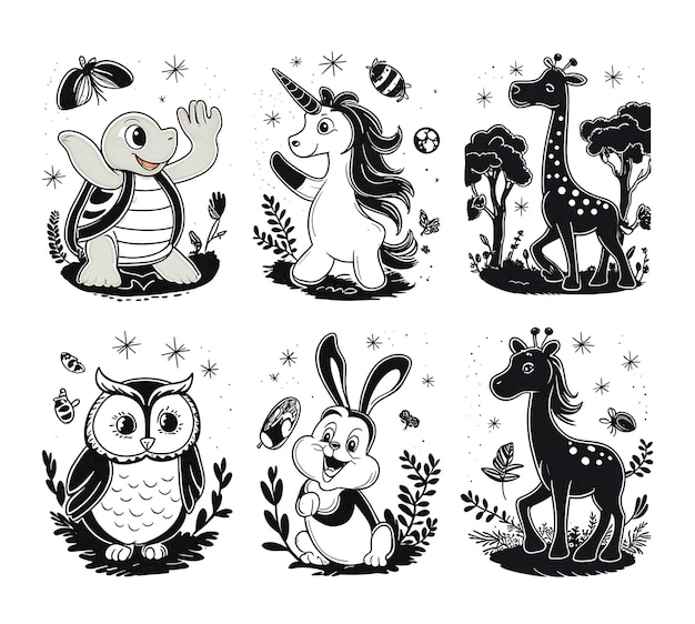 Um conjunto de animais de desenho animado com um fundo preto e branco