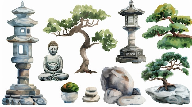 Um conjunto de aquarelas de clip art da natureza com árvores de bonsai, estátuas de Buda, lanternas de pedra e rochas, elementos de design de jardim espiritual zen em um fundo branco