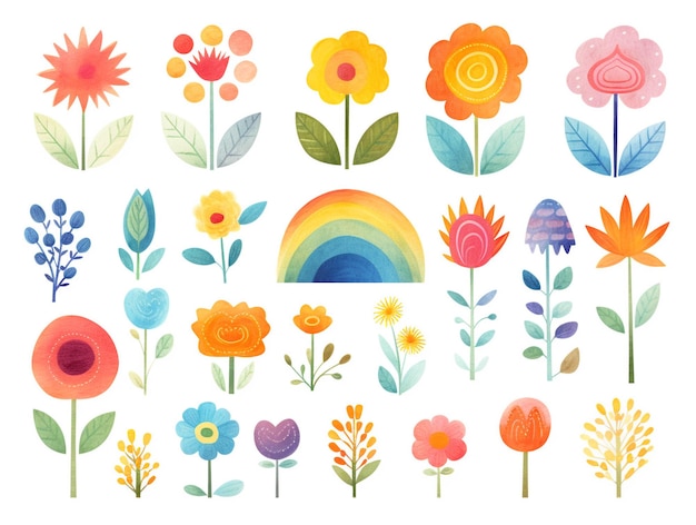 um conjunto de arco-íris aquarelados em várias cores no estilo de Lucy Grossmith animação colorida