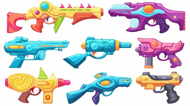 Um conjunto de armas militares de energia de armas de blaster espacial desenho animado armas de mão laser modernas para crianças UI de jogo ou elementos gui armas alienígenas ou crianças pistolas e phasers isolados em branco conjunto de armamento militar