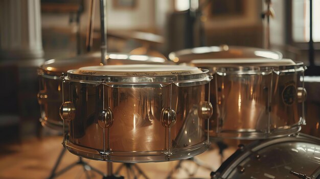 Foto um conjunto de bateria é um conjunto de tambores e outros instrumentos de percussão tipicamente tocados por um único baterista