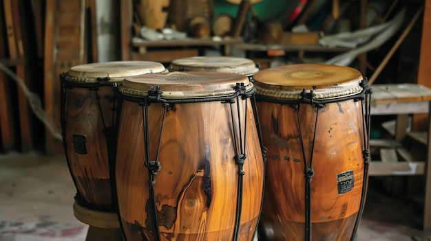 Um conjunto de bongos em uma oficina Os bongos são feitos de madeira e têm cordas pretas O fundo é desfocado e contém alguns objetos de madeira