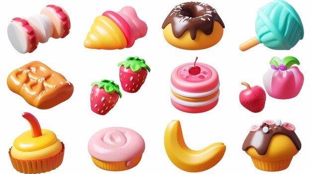 Foto um conjunto de bonitos ícones doces modernos em 3d eles retratam coquetéis, desertos, cupcakes, bolos, morangos, melões, bananas, amêndoas, sorvete de chocolate, mel, croissants, donuts e doces.