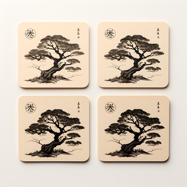 Um conjunto de Bonsai Shop Tag Card Tag Card de madeira Bonsai Tree Silhouette 2D Flat Clipart Design Art