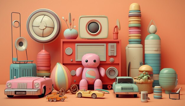 Foto um conjunto de brinquedos e objetos que estão sentados no fundo no estilo de design gráfico inspiram