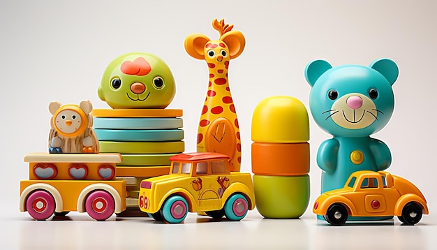 Um conjunto de brinquedos infantis coloridos isolados em um fundo branco