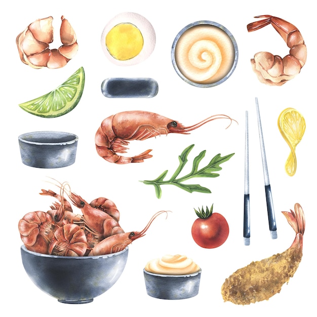 Foto um conjunto de camarão cozido com molhos de legumes e utensílios ilustração em aquarela desenhada à mão elementos isolados em um fundo branco para receitas de menu restaurante café