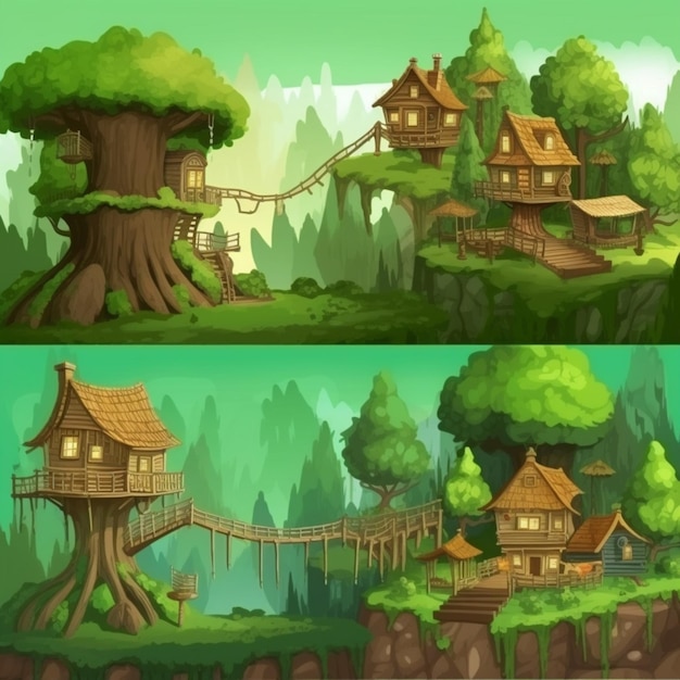 Um conjunto de casas de desenho animado em uma floresta