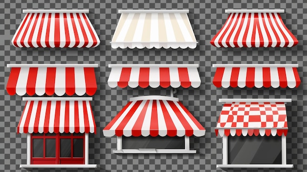 Um conjunto de cobertura ao ar livre com listras vermelhas e brancas e bordas onduladas isoladas em fundo transparente composto por toldos, tendas de lojas, telhados, balanços de mercado de rua e abrigos de sombra solar