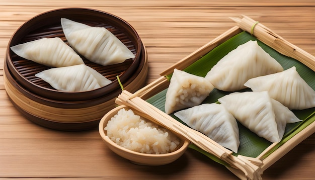 um conjunto de comida chinesa em uma mesa de madeira