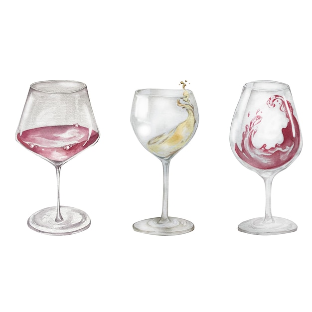 Um conjunto de copos de vinho aquarelados Produtos de vinificação Ilustração aquarelada