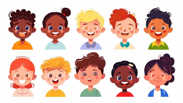 Um conjunto de crianças felizes personagens de desenhos animados sorridente de idade pré-escolar e escolar meninos e meninas de diferentes raças olhando emocionado feliz e alegre ilustração moderna plana isolado em um branco