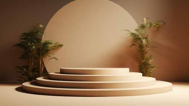 Um conjunto de degraus com palmeiras e uma grande escada circular.