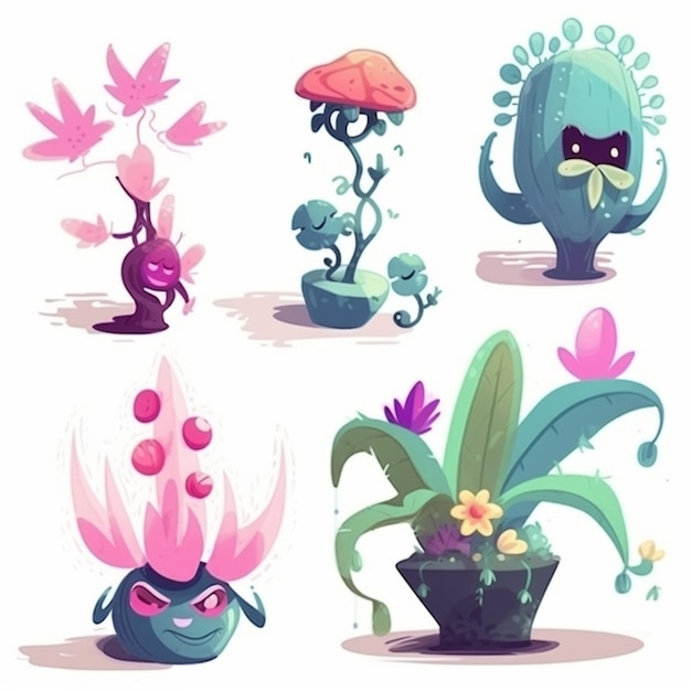 Foto um conjunto de desenhos animados de plantas e flores em vasos generative ai