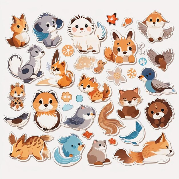 Foto um conjunto de desenhos de adesivos de animais kawaii ia generativa