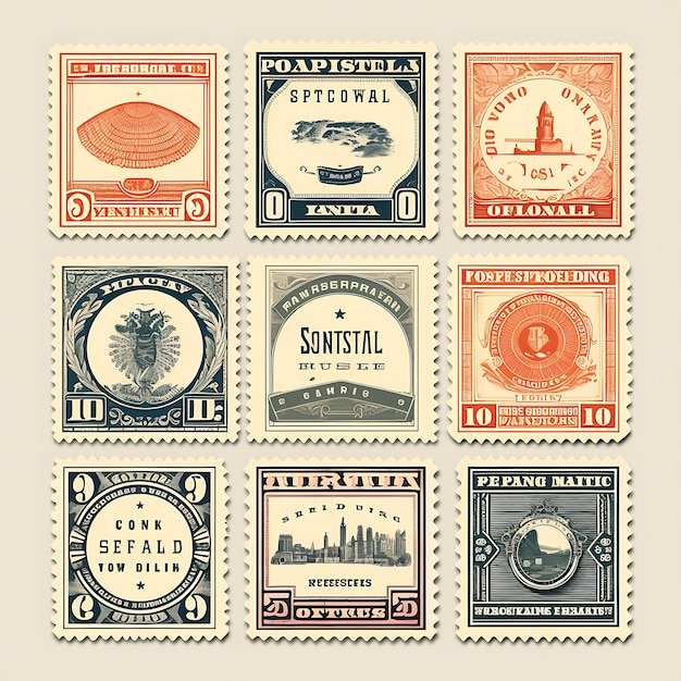 Um conjunto de design 2D de selo postal com moldura de estilo vintage vetor embalagem criativa de etiqueta de cor plana