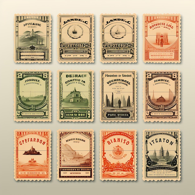 Um conjunto de design 2D de selo postal com moldura de estilo vintage vetor embalagem criativa de etiqueta de cor plana