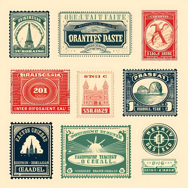 Foto um conjunto de design 2d de selo postal com moldura de estilo vintage vetor embalagem criativa de etiqueta de cor plana
