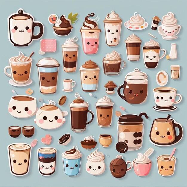 um conjunto de designs de bebidas de café kawaii IA generativa