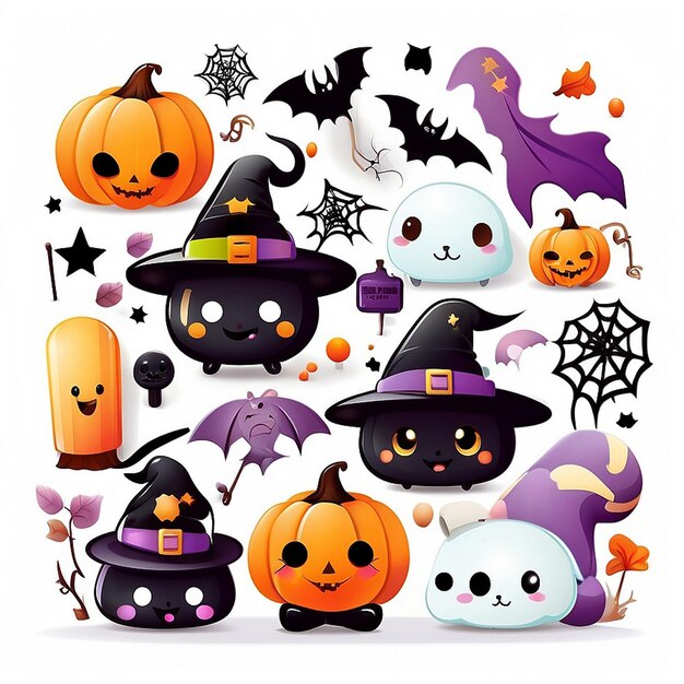 Um conjunto de designs de Halloween Kawaii gerados pela IA