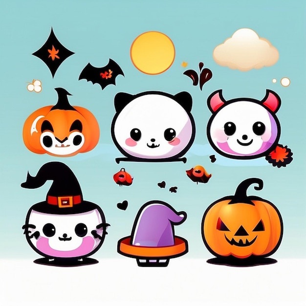 Foto um conjunto de designs de halloween kawaii gerados pela ia