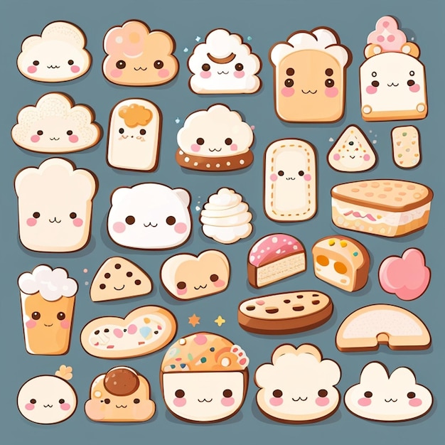 um conjunto de designs de pão kawaii gerados por IA