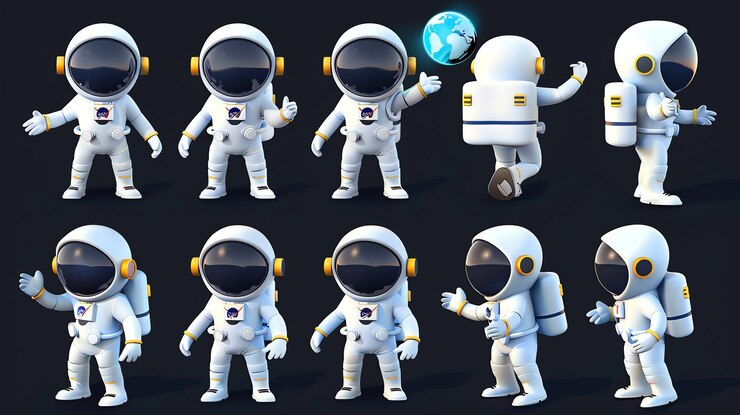 Foto um conjunto de dez astronautas de desenhos animados 3d em várias poses perfeitas para animação e ilustração