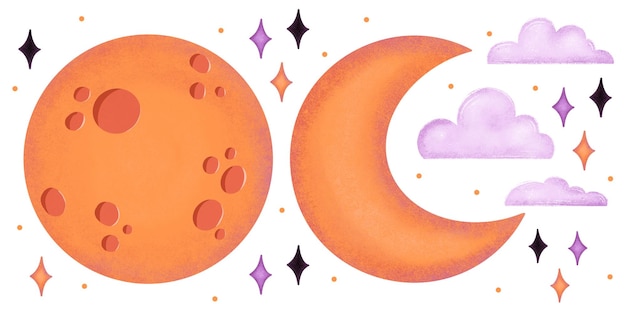 Um conjunto de diferentes fases de lua nova, lua cheia, nuvens, noite de Halloween, ilustração desenhada à mão.