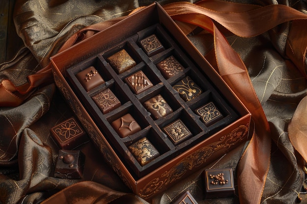 Um conjunto de doces de chocolate de luxo numa caixa de presente.