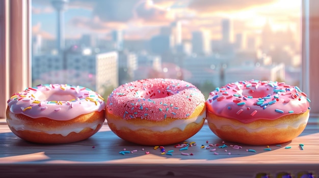 Um conjunto de donuts em uma mesa perto de uma janela com a cidade ao fundo Dia Nacional do Donut