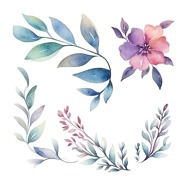 Um conjunto de elementos de flores e plantas em aquarela isolados no fundo branco