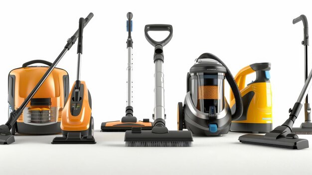 Foto um conjunto de equipamentos de limpeza doméstica, incluindo aspiradores e esfregões
