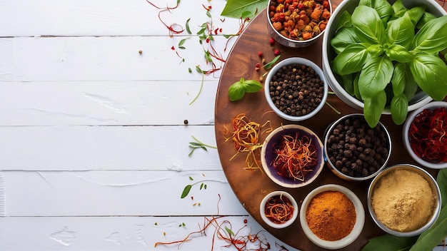 Foto um conjunto de especiarias e ervas em uma mesa de madeira branca manjericão pimenta açafrão especiarias cu tradicional indiano