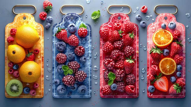 Um conjunto de etiquetas para frutas e bagas sobre um fundo azul Etiquetas com desenhos de frutas Um modelo para o seu produto Ilustração
