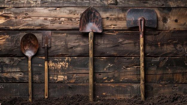Um conjunto de ferramentas de jardim retro em um fundo de madeira
