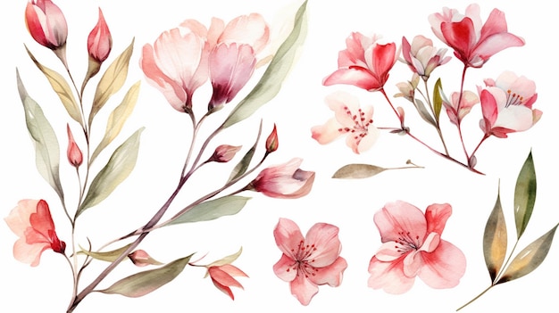 Um conjunto de flores cor de rosa com folhas e galhos com a palavra cereja sobre eles.