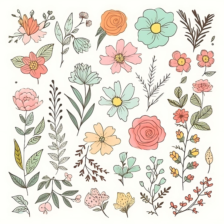 Foto um conjunto de flores e folhas desenhadas à mão