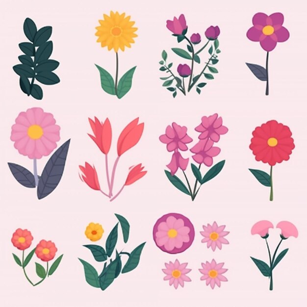 um conjunto de flores e folhas diferentes em várias cores generativa ai