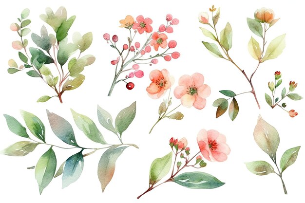 Um conjunto de flores e folhas em aquarela