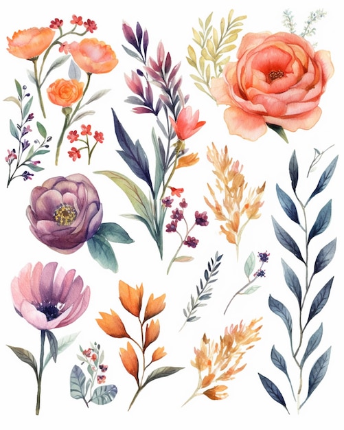 Um conjunto de flores e plantas em aquarela