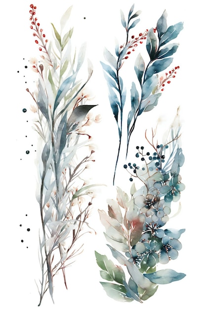 Um conjunto de flores em aquarela com uma pena azul.