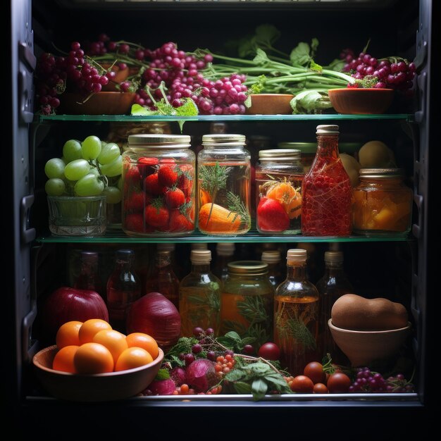 Um conjunto de frutas frutas colocadas em frascos e rack para parcelação