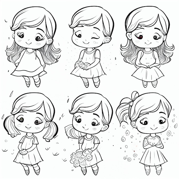 Foto um conjunto de garotas de desenho animado com diferentes expressões generativas