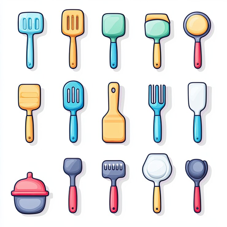 Foto um conjunto de ícones coloridos para um aplicativo de culinária com ícones para diferentes tipos de utensílios de cozinha, como espátulas, panelas e batedores